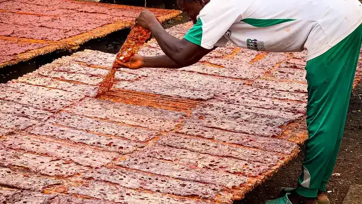 Worker spreading peppers on drying racks in Kaduna