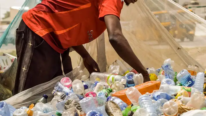 Worker sorting plastic bottles for recycling