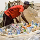 Worker sorting plastic bottles for recycling